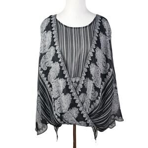 Chico's Sz 3 Black Paisley Faux Wrap Layered Blouse Poncho Top Chicos XL 16
